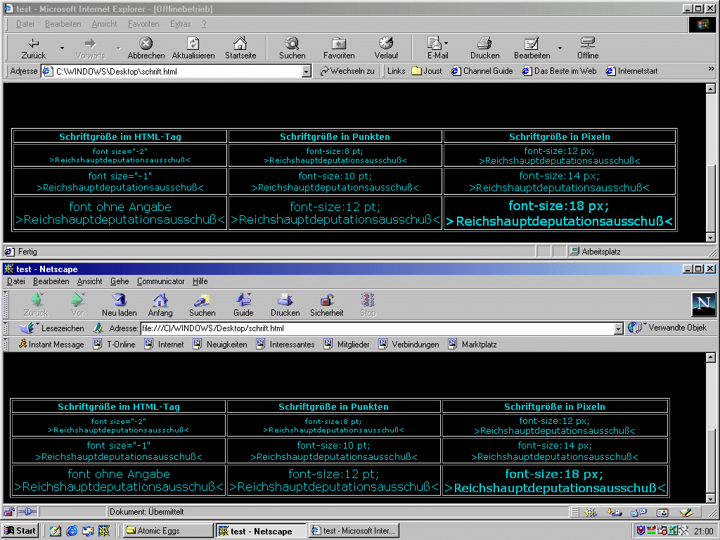NS und MSIE im Vergleich bei der Windows-Usereinstellung 'Kleine Schriftarten'